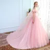 Modest / Simple Blushing Pink See-through Wedding Dresses 2018 Ball Gown Scoop Neck Short Sleeve Backless Ruffle Chapel Train
