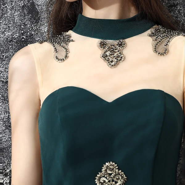Vintage Dark Green Evening Dresses 2017 Trumpet / Mermaid High Neck Sleeveless Appliques Lace Rhinestone Floor-Length / Long Ruffle Backless Pierced Formal Dresses