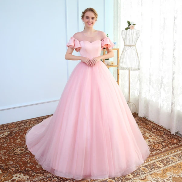Simple Rougissant Rose Transparentes Robe De Mariée 2018 Robe Boule Encolure Dégagée Manches Courtes Dos Nu Volants Chapel Train
