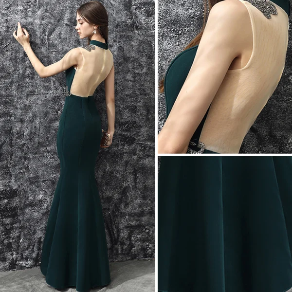 Vintage Dark Green Evening Dresses 2017 Trumpet / Mermaid High Neck Sleeveless Appliques Lace Rhinestone Floor-Length / Long Ruffle Backless Pierced Formal Dresses