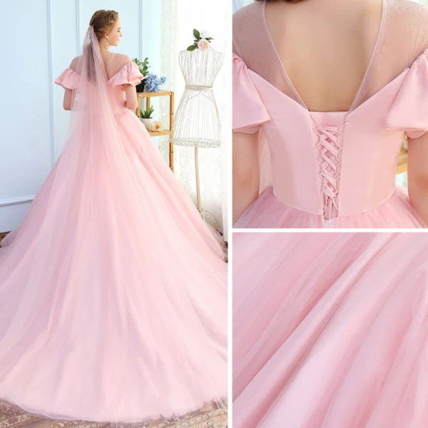 Simple Rougissant Rose Transparentes Robe De Mariée 2018 Robe Boule Encolure Dégagée Manches Courtes Dos Nu Volants Chapel Train