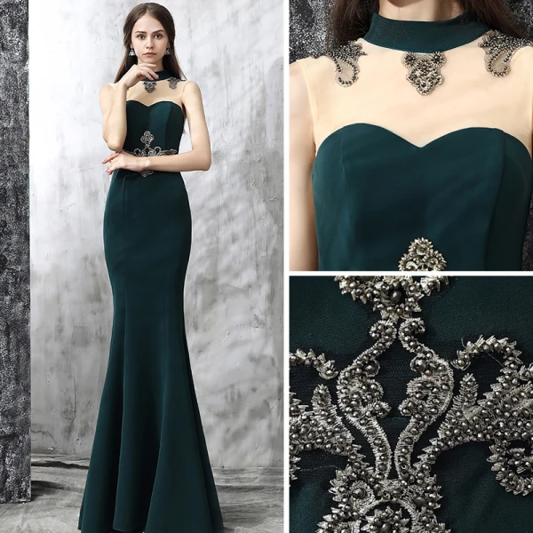 Vintage Dark Green Evening Dresses 2017 Trumpet / Mermaid High Neck Sleeveless Appliques Lace Rhinestone Floor-Length / Long Ruffle Backless Pierced Formal Dresses