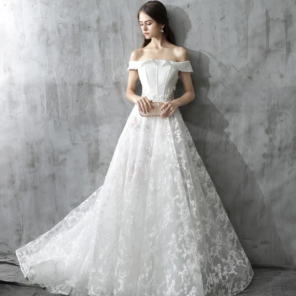 Chic / Beautiful White Wedding Dresses 2017 A-Line / Princess Off-The-Shoulder Short Sleeve Appliques Lace Flower Pearl Backless Printing Ruffle Court Train