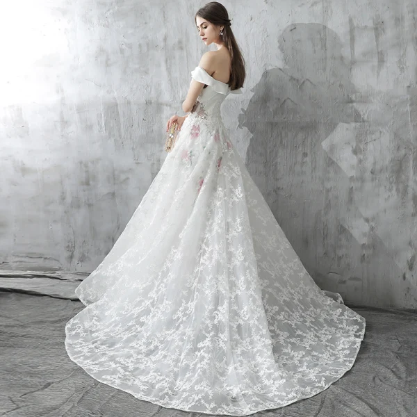 Chic / Beautiful White Wedding Dresses 2017 A-Line / Princess Off-The-Shoulder Short Sleeve Appliques Lace Flower Pearl Backless Printing Ruffle Court Train