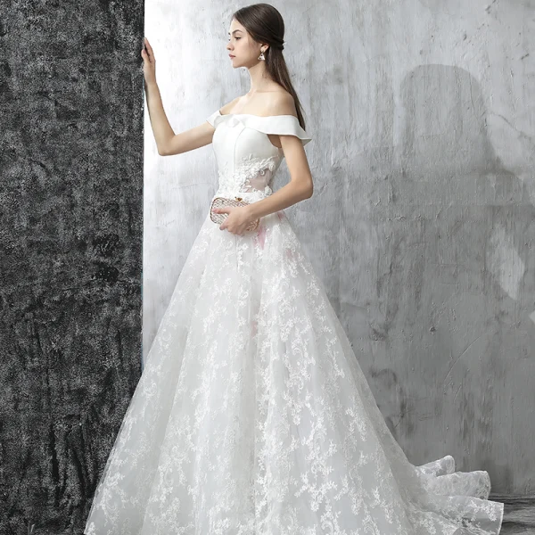 Chic / Beautiful White Wedding Dresses 2017 A-Line / Princess Off-The-Shoulder Short Sleeve Appliques Lace Flower Pearl Backless Printing Ruffle Court Train