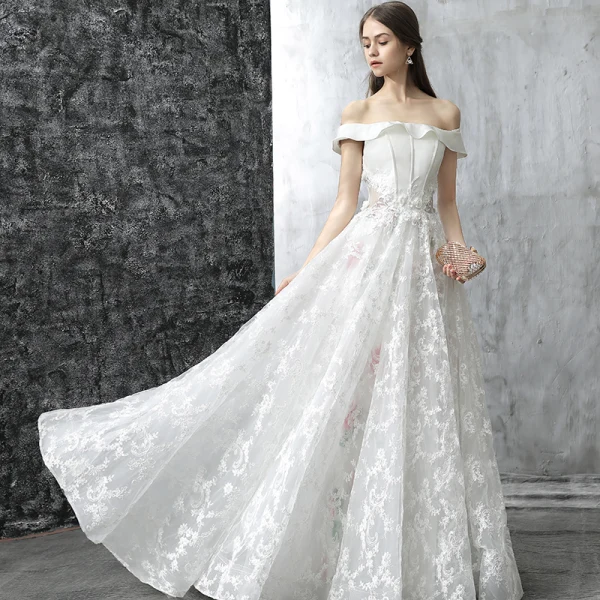 Chic / Beautiful White Wedding Dresses 2017 A-Line / Princess Off-The-Shoulder Short Sleeve Appliques Lace Flower Pearl Backless Printing Ruffle Court Train