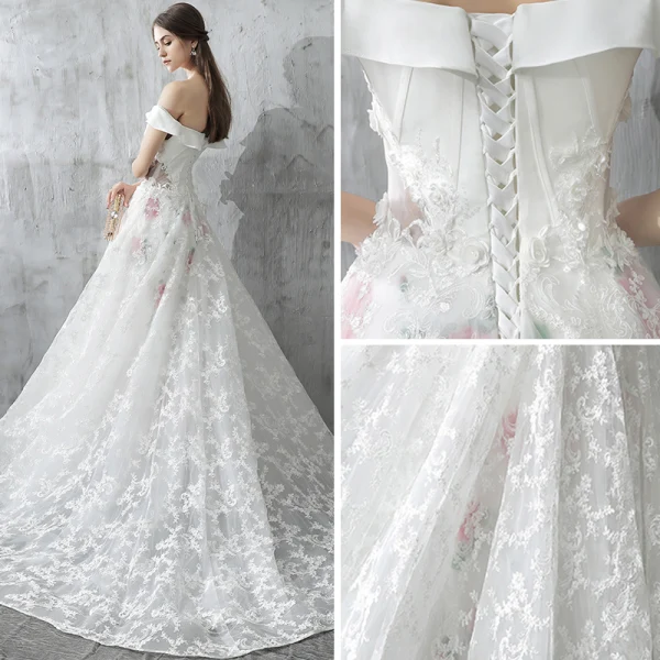 Chic / Beautiful White Wedding Dresses 2017 A-Line / Princess Off-The-Shoulder Short Sleeve Appliques Lace Flower Pearl Backless Printing Ruffle Court Train