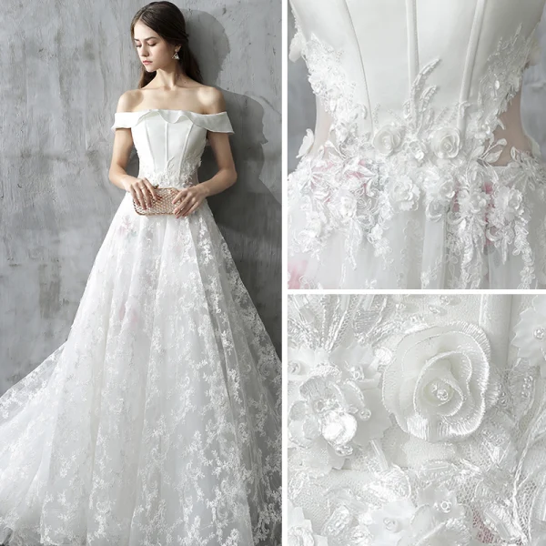 Chic / Beautiful White Wedding Dresses 2017 A-Line / Princess Off-The-Shoulder Short Sleeve Appliques Lace Flower Pearl Backless Printing Ruffle Court Train