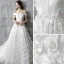 Chic / Beautiful White Wedding Dresses 2017 A-Line / Princess Off-The-Shoulder Short Sleeve Appliques Lace Flower Pearl Backless Printing Ruffle Court Train