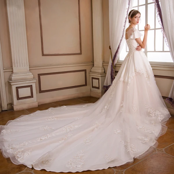 Chic / Belle Champagne Robe De Mariée 2018 Princesse Transparentes Perle Encolure Dégagée Manches Courtes Dos Nu Appliques En Dentelle Paillettes Volants Cathedral Train