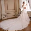 Chic / Belle Champagne Robe De Mariée 2018 Princesse Transparentes Perle Encolure Dégagée Manches Courtes Dos Nu Appliques En Dentelle Paillettes Volants Cathedral Train