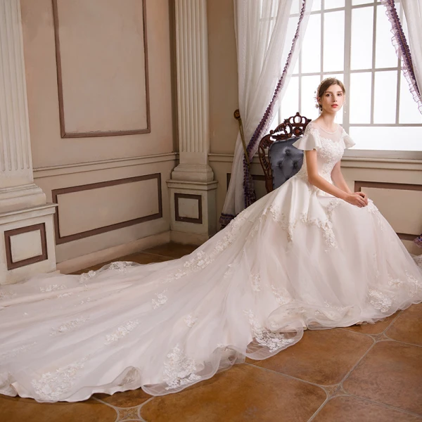 Chic / Belle Champagne Robe De Mariée 2018 Princesse Transparentes Perle Encolure Dégagée Manches Courtes Dos Nu Appliques En Dentelle Paillettes Volants Cathedral Train