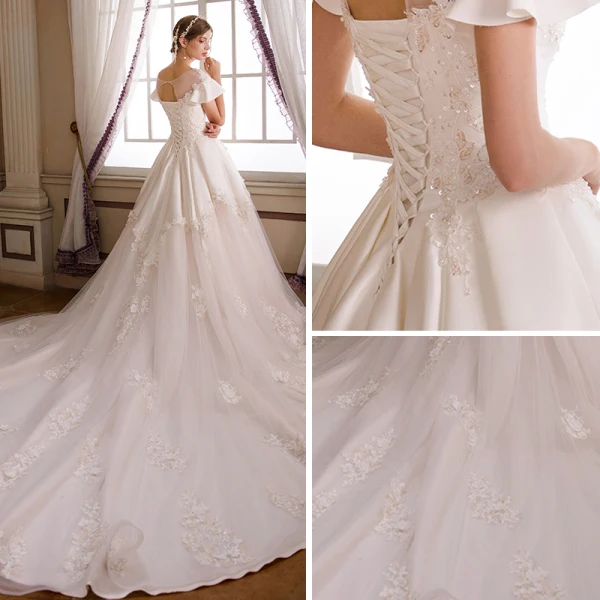 Chic / Belle Champagne Robe De Mariée 2018 Princesse Transparentes Perle Encolure Dégagée Manches Courtes Dos Nu Appliques En Dentelle Paillettes Volants Cathedral Train