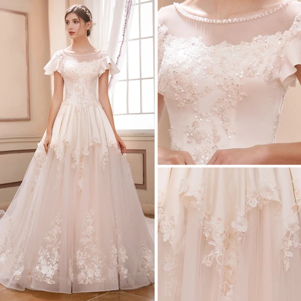 Chic / Belle Champagne Robe De Mariée 2018 Princesse Transparentes Perle Encolure Dégagée Manches Courtes Dos Nu Appliques En Dentelle Paillettes Volants Cathedral Train
