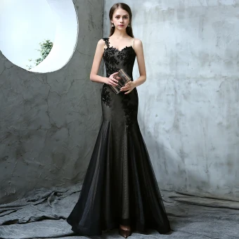 Chic Beautiful Black Evening Dresses 2017 Trumpet Mermaid Spaghetti Straps Sleeveless Appliques Lace Sequins Floor Length Long Ruffle Backless Formal Dresses