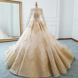 Luxury Gorgeous Champagne Wedding Dresses 2018 Ball Gown U Neck Pierced Long Sleeve Backless Pearl Beading Appliques Lace Ruffle Cathedral Train