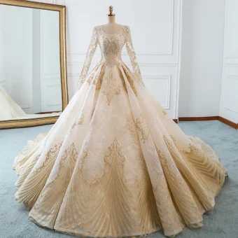 Luxe Champagne Trouwjurken 2018 Baljurk U Hals Doorboord Lange Mouwen Ruglooze Parel Kralen Appliques Kant Ruche Cathedral Train
