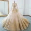 Luxury / Gorgeous Champagne Wedding Dresses 2018 Ball Gown U-Neck Pierced Long Sleeve Backless Pearl Beading Appliques Lace Ruffle Cathedral Train
