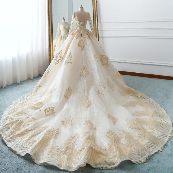 Luxury / Gorgeous Champagne Wedding Dresses 2018 Ball Gown U-Neck Pierced Long Sleeve Backless Pearl Beading Appliques Lace Ruffle Cathedral Train