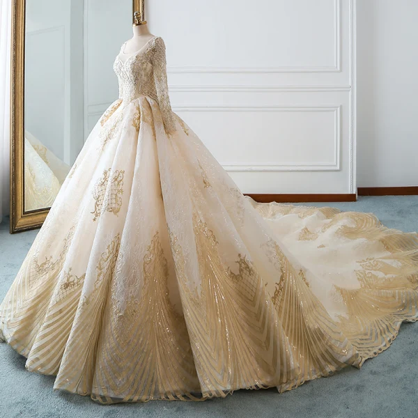 Luxury / Gorgeous Champagne Wedding Dresses 2018 Ball Gown U-Neck Pierced Long Sleeve Backless Pearl Beading Appliques Lace Ruffle Cathedral Train