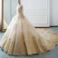 Luxury / Gorgeous Champagne Wedding Dresses 2018 Ball Gown U-Neck Pierced Long Sleeve Backless Pearl Beading Appliques Lace Ruffle Cathedral Train
