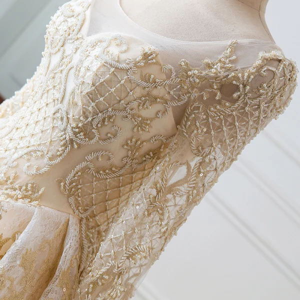 Luxury / Gorgeous Champagne Wedding Dresses 2018 Ball Gown U-Neck Pierced Long Sleeve Backless Pearl Beading Appliques Lace Ruffle Cathedral Train