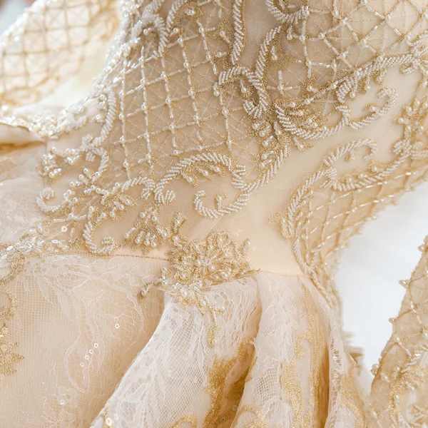 Luxury / Gorgeous Champagne Wedding Dresses 2018 Ball Gown U-Neck Pierced Long Sleeve Backless Pearl Beading Appliques Lace Ruffle Cathedral Train