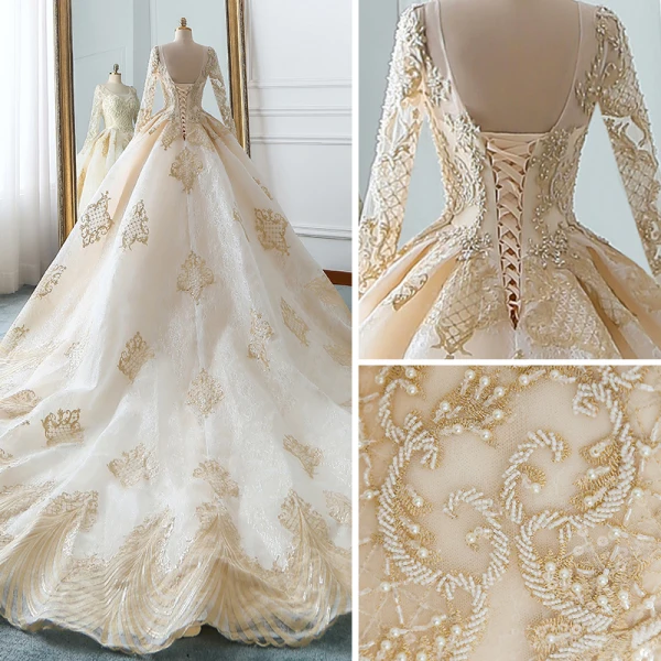 Luxury / Gorgeous Champagne Wedding Dresses 2018 Ball Gown U-Neck Pierced Long Sleeve Backless Pearl Beading Appliques Lace Ruffle Cathedral Train