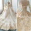 Luxury / Gorgeous Champagne Wedding Dresses 2018 Ball Gown U-Neck Pierced Long Sleeve Backless Pearl Beading Appliques Lace Ruffle Cathedral Train