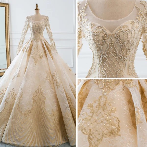 Luxury / Gorgeous Champagne Wedding Dresses 2018 Ball Gown U-Neck Pierced Long Sleeve Backless Pearl Beading Appliques Lace Ruffle Cathedral Train