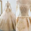 Luxury / Gorgeous Champagne Wedding Dresses 2018 Ball Gown U-Neck Pierced Long Sleeve Backless Pearl Beading Appliques Lace Ruffle Cathedral Train