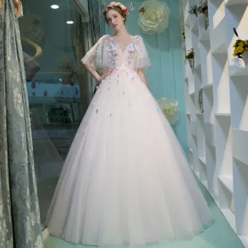 Unique Bureau Robe De Mariée 2017 Fleur Faux Diamant Dos Nu 1 2 Manches Encolure Dégagée Longue Blanche Robe Boule