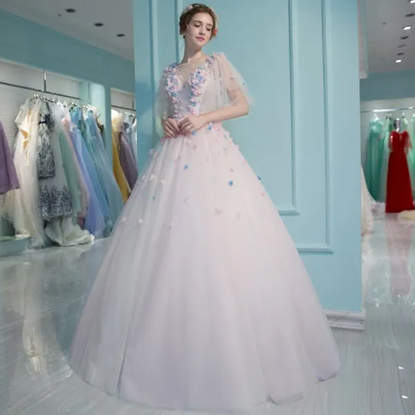 Amazing / Unique Office Wedding Dresses 2017 Flower Rhinestone Backless 1/2 Sleeves Scoop Neck Floor-Length / Long White Ball Gown
