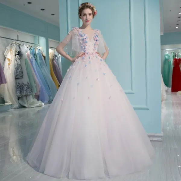 Amazing / Unique Office Wedding Dresses 2017 Flower Rhinestone Backless 1/2 Sleeves Scoop Neck Floor-Length / Long White Ball Gown