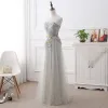 Discount Grey See-through Prom Dresses 2018 A-Line / Princess Scoop Neck Sleeveless Appliques Lace Flower Floor-Length / Long Ruffle Formal Dresses