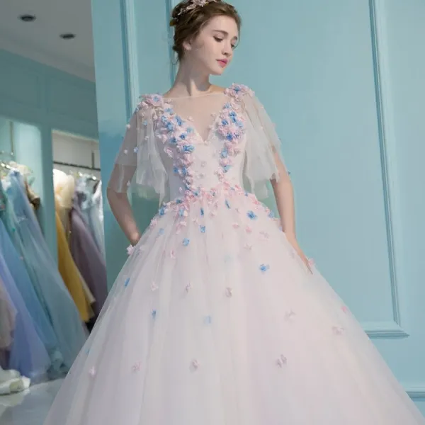 Amazing / Unique Office Wedding Dresses 2017 Flower Rhinestone Backless 1/2 Sleeves Scoop Neck Floor-Length / Long White Ball Gown