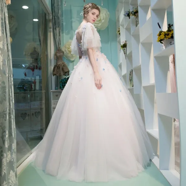 Amazing / Unique Office Wedding Dresses 2017 Flower Rhinestone Backless 1/2 Sleeves Scoop Neck Floor-Length / Long White Ball Gown