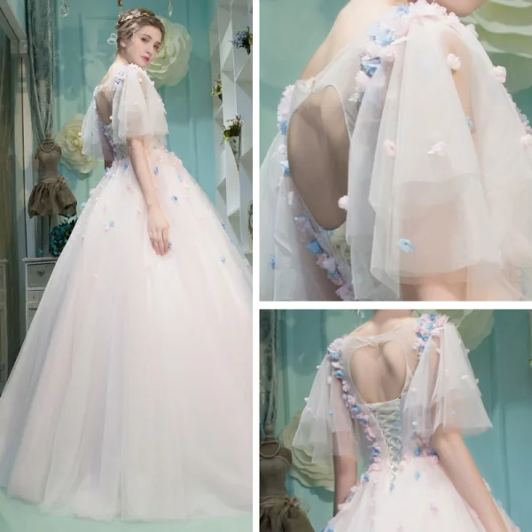 Amazing / Unique Office Wedding Dresses 2017 Flower Rhinestone Backless 1/2 Sleeves Scoop Neck Floor-Length / Long White Ball Gown