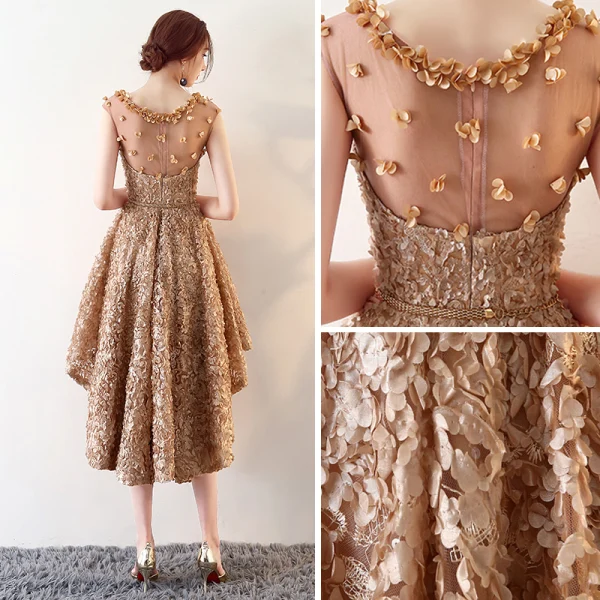 Modern / Fashion Champagne See-through Cocktail Dresses 2018 A-Line / Princess Scoop Neck Sleeveless Appliques Flower Metal Sash Asymmetrical Ruffle Formal Dresses