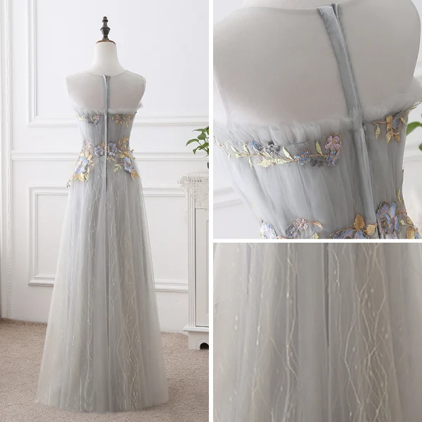 Discount Grey See-through Prom Dresses 2018 A-Line / Princess Scoop Neck Sleeveless Appliques Lace Flower Floor-Length / Long Ruffle Formal Dresses