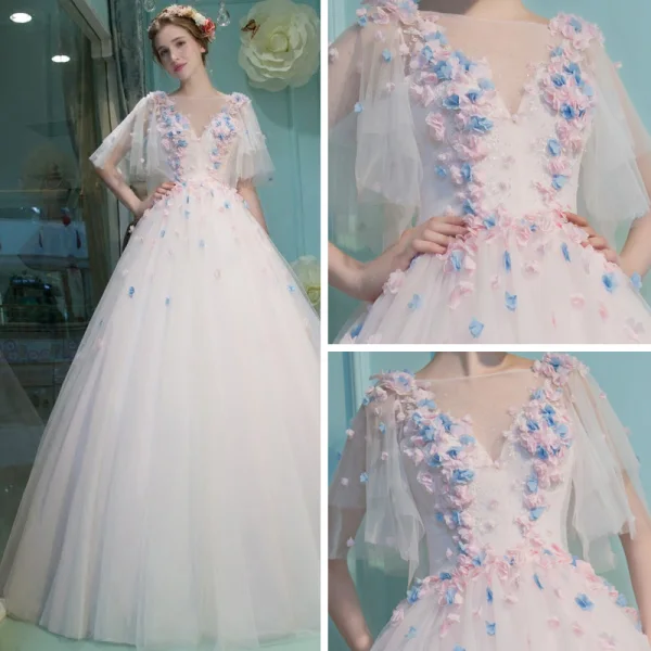 Amazing / Unique Office Wedding Dresses 2017 Flower Rhinestone Backless 1/2 Sleeves Scoop Neck Floor-Length / Long White Ball Gown