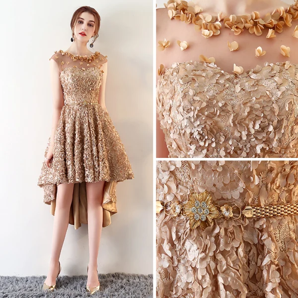 Modern / Fashion Champagne See-through Cocktail Dresses 2018 A-Line / Princess Scoop Neck Sleeveless Appliques Flower Metal Sash Asymmetrical Ruffle Formal Dresses
