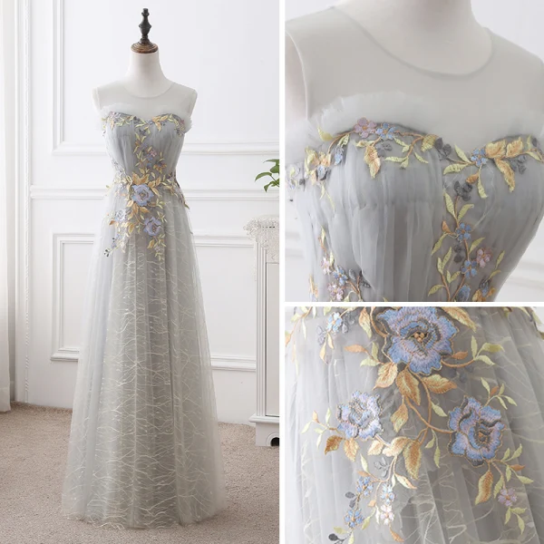 Discount Grey See-through Prom Dresses 2018 A-Line / Princess Scoop Neck Sleeveless Appliques Lace Flower Floor-Length / Long Ruffle Formal Dresses
