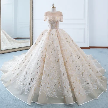 Luksus Champagne Brudekjoler 2018 Ballkjole Gjennomsiktig Scoop Halsen Korte Ermer Gull Beading Paljetter Appliques Blonder Buste Cathedral Train