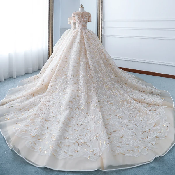 Luxury / Gorgeous Champagne Wedding Dresses 2018 Ball Gown See-through Scoop Neck Short Sleeve Gold Beading Sequins Appliques Lace Ruffle Cathedral Train