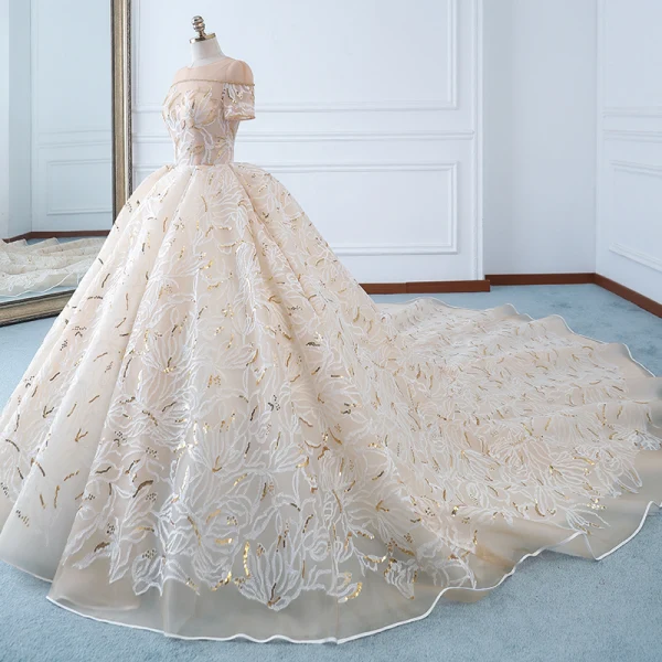 Luxury / Gorgeous Champagne Wedding Dresses 2018 Ball Gown See-through Scoop Neck Short Sleeve Gold Beading Sequins Appliques Lace Ruffle Cathedral Train