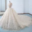 Luxury / Gorgeous Champagne Wedding Dresses 2018 Ball Gown See-through Scoop Neck Short Sleeve Gold Beading Sequins Appliques Lace Ruffle Cathedral Train