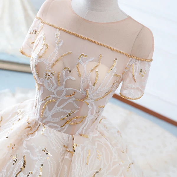 Luxury / Gorgeous Champagne Wedding Dresses 2018 Ball Gown See-through Scoop Neck Short Sleeve Gold Beading Sequins Appliques Lace Ruffle Cathedral Train