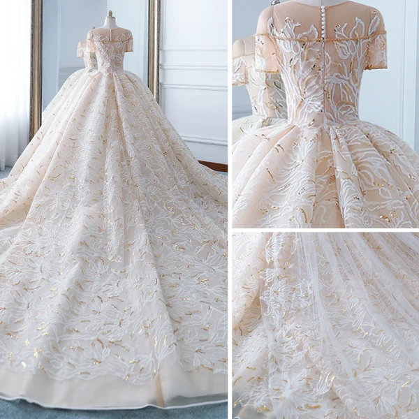 Luxury / Gorgeous Champagne Wedding Dresses 2018 Ball Gown See-through Scoop Neck Short Sleeve Gold Beading Sequins Appliques Lace Ruffle Cathedral Train