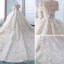 Luxury / Gorgeous Champagne Wedding Dresses 2018 Ball Gown See-through Scoop Neck Short Sleeve Gold Beading Sequins Appliques Lace Ruffle Cathedral Train